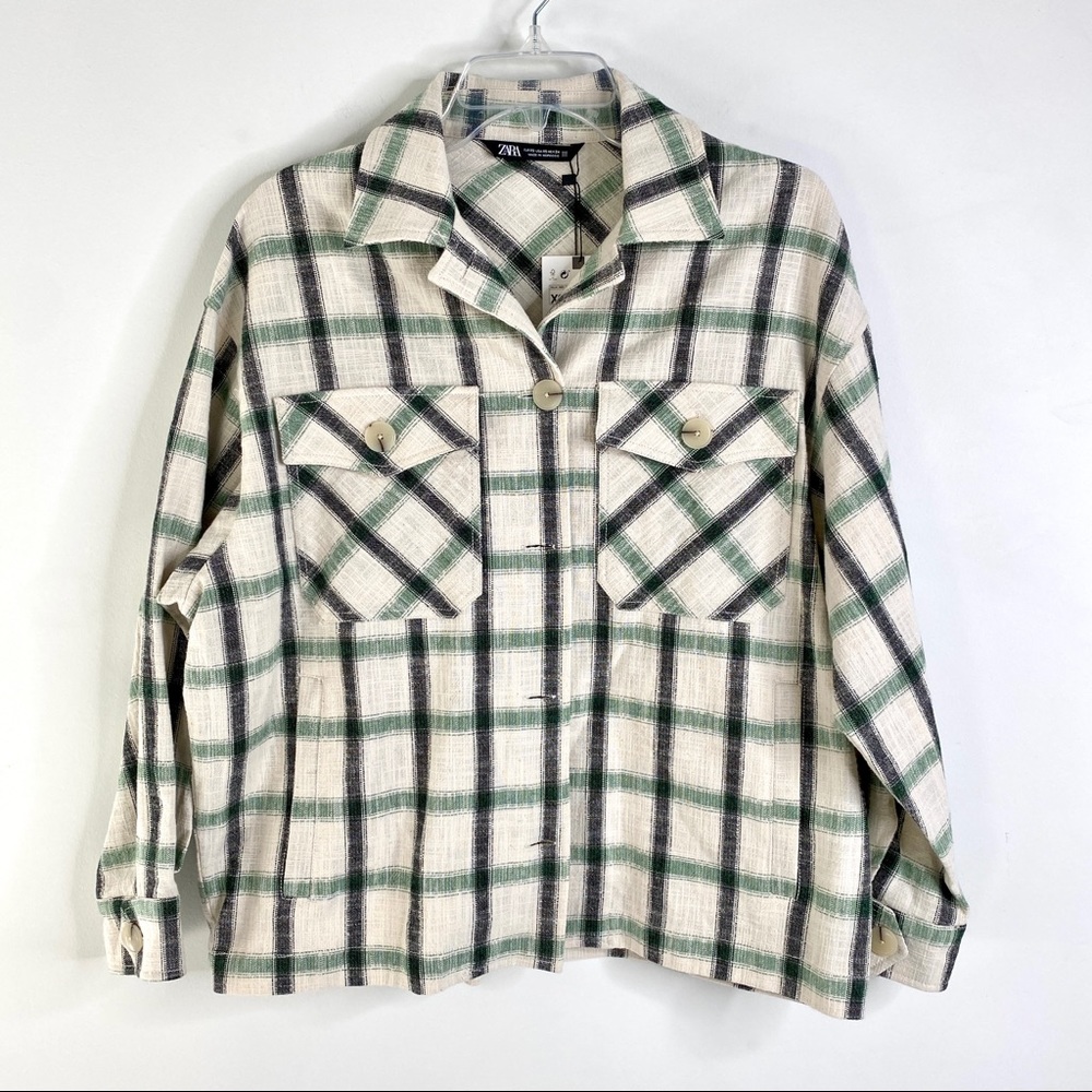 NWT Zara oversized shacket jacket plaid beige black white XS S M Button Up